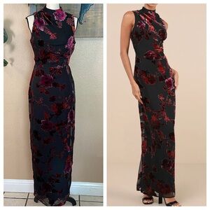 Lulu's Black Floral Mock Neck Midi Dress with Red and Purple Blooms